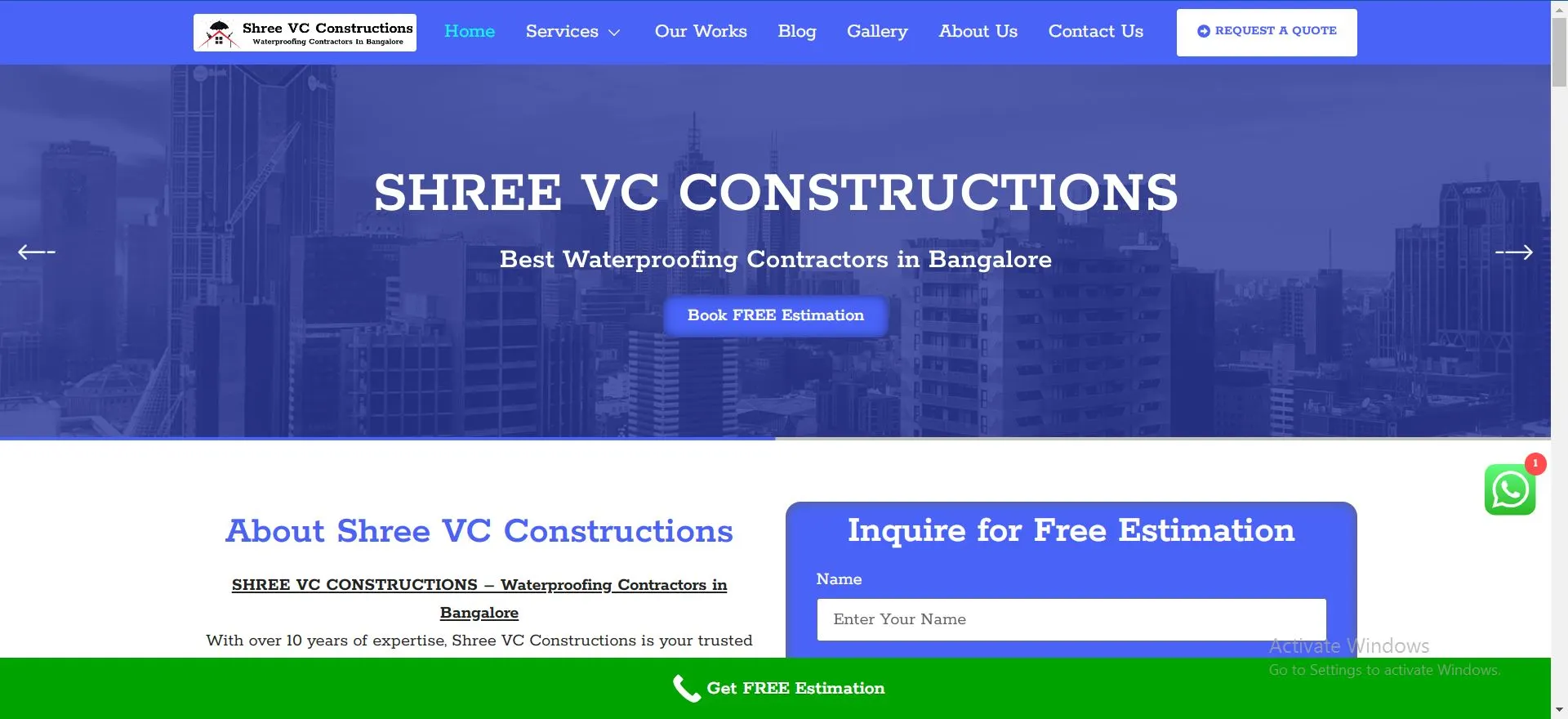 Shree VC Constructions - Waterproofing Contactors in Bangalore website developed by Webinfonix Bangalore