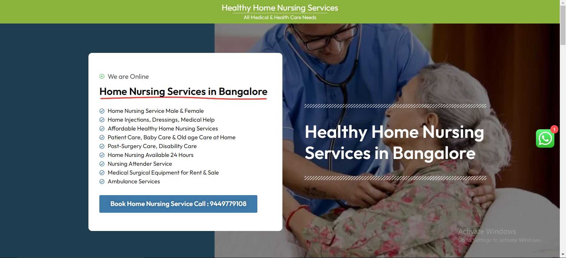 Home Nursing Services iin Bangalore website developed by Yaseen Pasha Software Engineer Bangalore